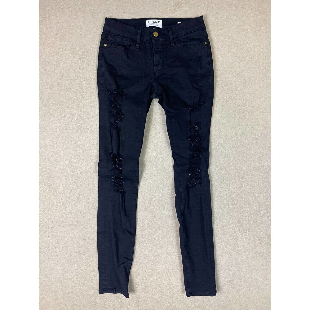 Frame Jeans Adult 26 Black Le Skinny De Jeanne Distressed Low Rise Womens